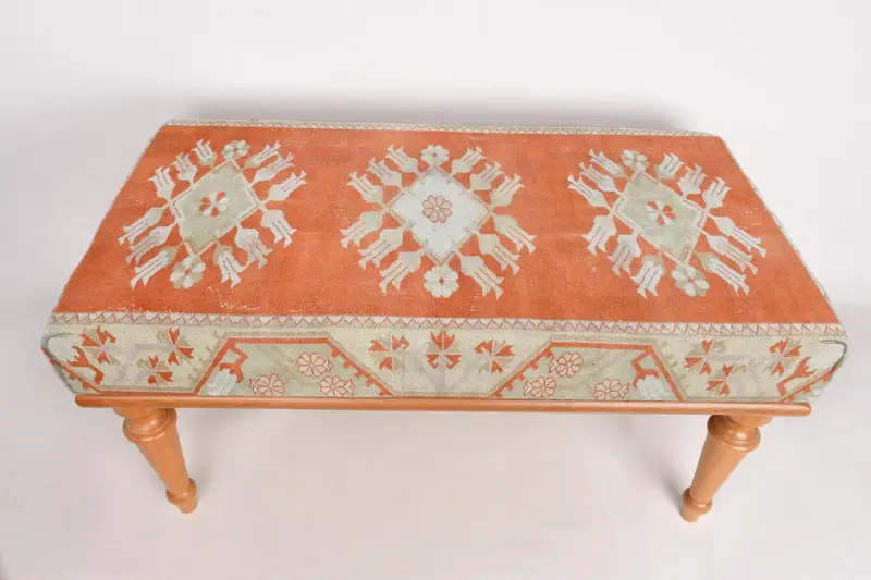 Kilim Pattern Bench,Orange Bench, Ottoman Bench, Upholstered Bench, Turkish Rug Bench, Kilim Bench, Home Decor Bench, Handmade Bench - 1