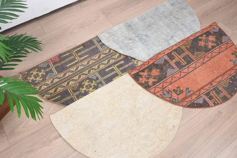 Yarım dairesel el yapımı Kilim paspas, vintage yarım yuvarlak halı, çevre dostu Türk giriş yolu, boho banyo halı, küçük uzay dekor aksanı - 2