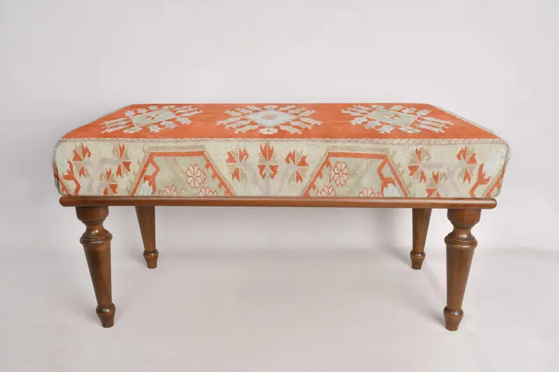 Kilim Pattern Bench,Orange Bench, Ottoman Bench, Upholstered Bench, Turkish Rug Bench, Kilim Bench, Home Decor Bench, Handmade Bench - 5