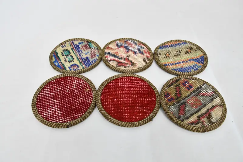 Altı set, bira coaster, Kilim Coaster, kırmızı ped, halı pedi, vintage ped, Türk halı pedi, antika halı coaster, benzersiz coaster, - 5