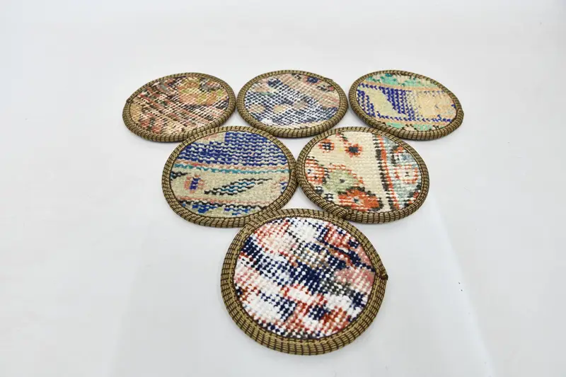 Altı set, yuvarlak coaster, çay ped, bej ped, halı pedi, geleneksel coaster, vintage coaster, benzersiz coaster, hediye coaster, - 1
