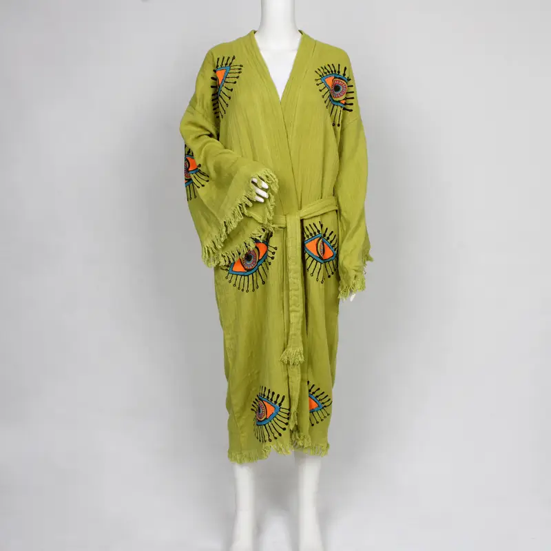 Custom Bathrobe, Kimono Robe, Personalized Spa Robe, Soft Muslin Beach Dress, Pistachio Green Eye Design Bathrobe