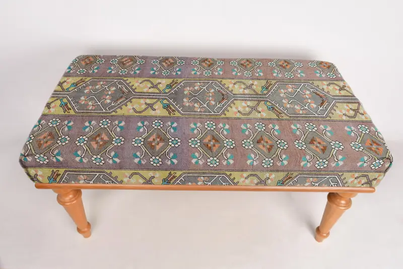 Geometric Bench, Mudroom Bench, Ottoman Bench, Upholstered Bench, Turkish Rug Bench, Kilim Bench, Home Decor Bench, Handmade Bench - 1