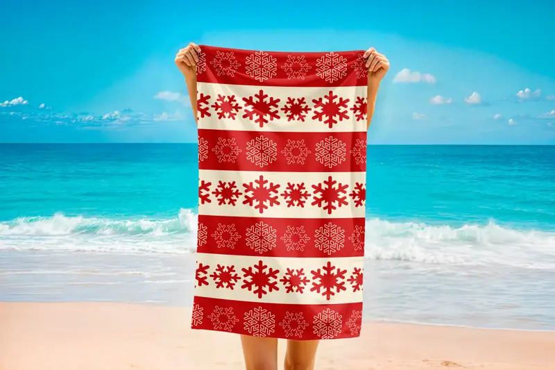 Red Snowflake Christmas Beach Towel Custom Printed Cotton Microfiber