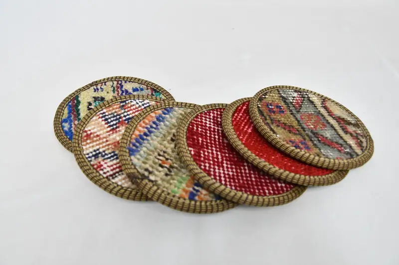 Altı set, bira coaster, Kilim Coaster, kırmızı ped, halı pedi, vintage ped, Türk halı pedi, antika halı coaster, benzersiz coaster, - 3