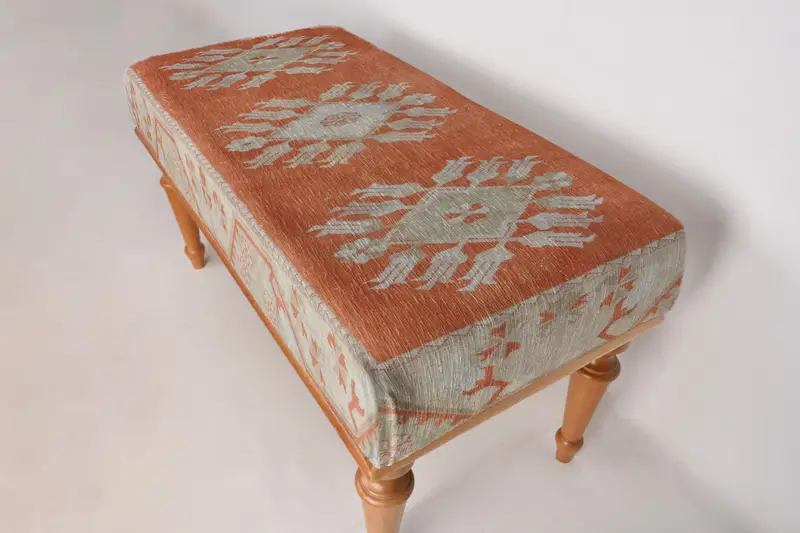 Kilim Pattern Bench,Orange Bench, Ottoman Bench, Upholstered Bench, Turkish Rug Bench, Kilim Bench, Home Decor Bench, Handmade Bench - 7