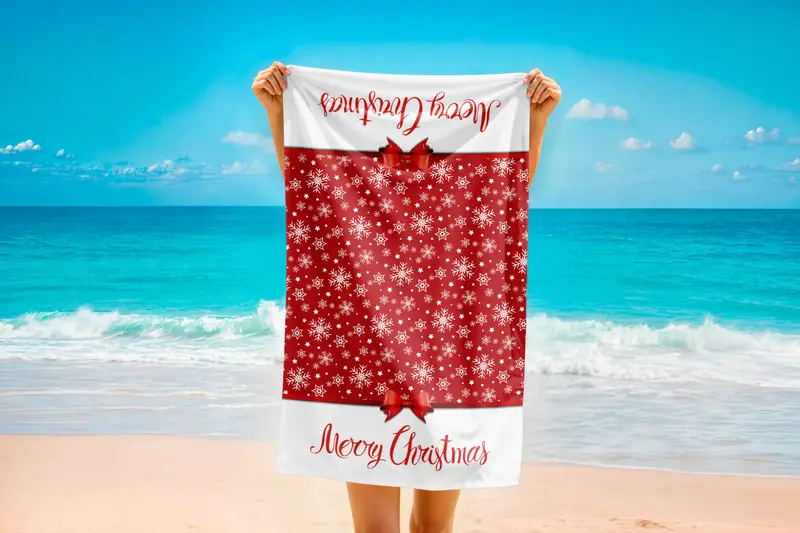 Merry Christmas Printed Towel, Red and White Snowflake Design, Holiday Beach Towel, Festive Winter Gift, Golf Towel, Personalized Towel