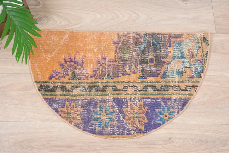El yapımı yarım yuvarlak Kilim paspas, yarım daire içi vintage halı, çevre dostu giriş yolu paspası, Türk Banyo Boho Küçük Uzay Zemin Dekor Aksanı - 6