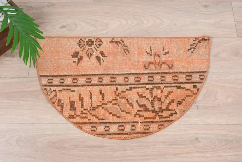 El yapımı yarı dairesel Kilim paspas, vintage yarım yuvarlak halı, çevre dostu giriş yolu, Türk boho banyo dekoru, küçük alan aksanlı halı - 9