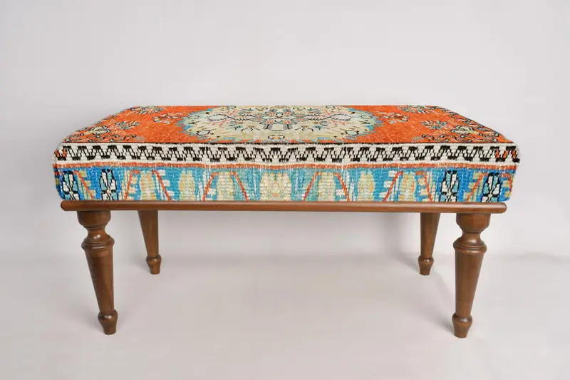 Antique Desing Bench, Bohemian Bench, Ottoman Bench, Upholstered Bench, Turkish Rug Bench, Kilim Bench, Home Decor Bench, Handmade Bench - 3
