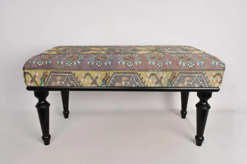Geometric Bench, Mudroom Bench, Ottoman Bench, Upholstered Bench, Turkish Rug Bench, Kilim Bench, Home Decor Bench, Handmade Bench - 2