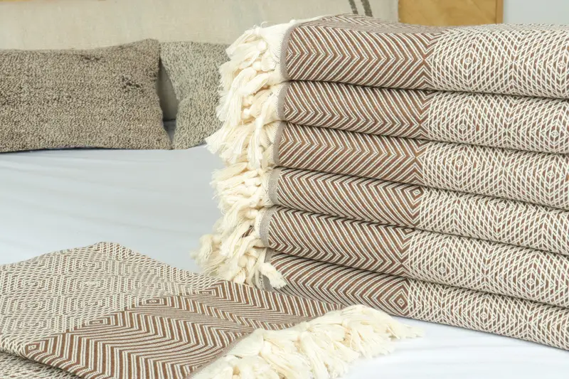 大きなタオル、トルコの毛布、茶色のスロー、ダイヤモンドブランケット、79x91インチオーガニックコットンベッドスプレッド、暖かい毛布、デザイナーブランケット、 - 3