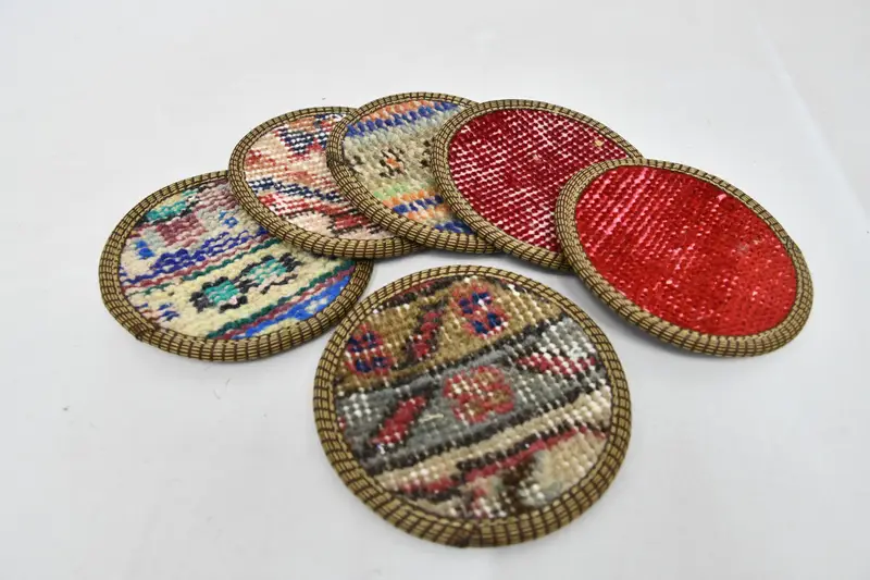 Altı set, bira coaster, Kilim Coaster, kırmızı ped, halı pedi, vintage ped, Türk halı pedi, antika halı coaster, benzersiz coaster, - 2