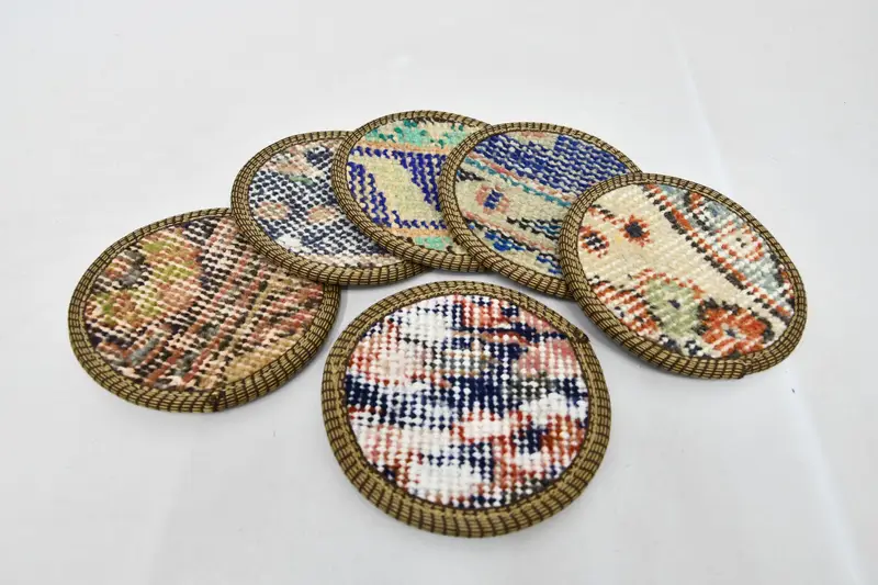 Altı set, yuvarlak coaster, çay ped, bej ped, halı pedi, geleneksel coaster, vintage coaster, benzersiz coaster, hediye coaster, - 2