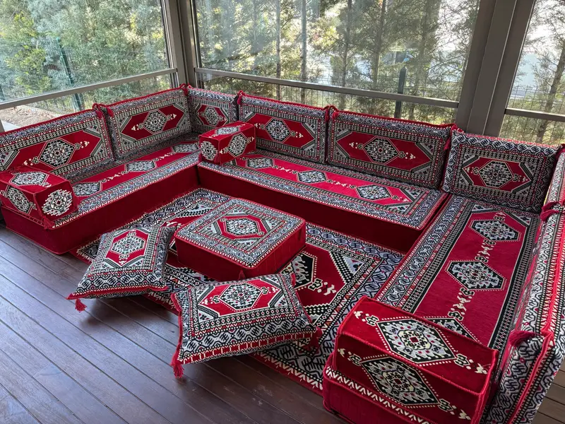Anatolian zemin oturma, Majlis kanepe, oturma odası zemin kanepe seti, Osmanlı zemin oturma, geleneksel zemin kanepe, u şeklinde kanepe, Arapça kanepe - 1
