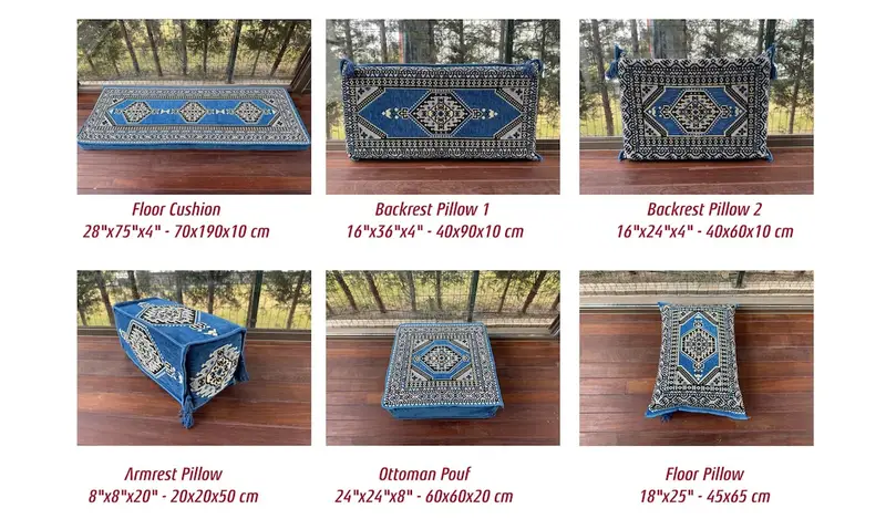 Mavi Osmanlı Zemin Oturma, Türk geleneksel kanepe, U şeklindeki zemin yastığı, Türk kanepe, zemin oturma, Kilim yastığı, eve taşınma hediyesi, - 5