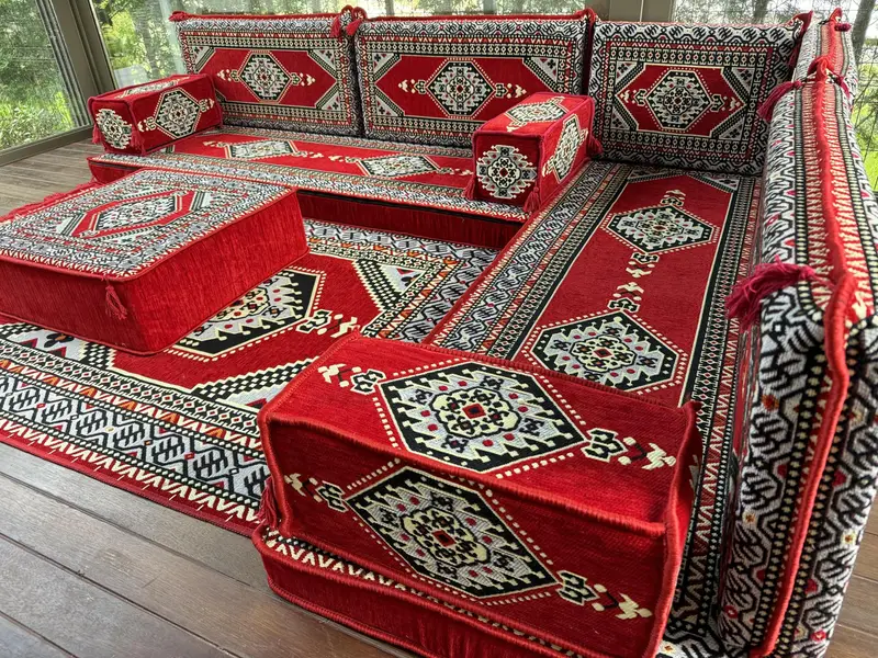 Kesit zemin oturma, Majlis oturma, oturma odası zemin kanepe, Osmanlı zemin oturma, geleneksel zemin kanepe, u şeklinde zemin yastığı - 8