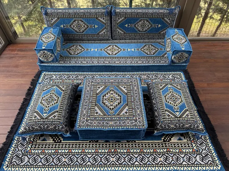 Mavi Osmanlı Zemin Oturma, Türk geleneksel kanepe, U şeklindeki zemin yastığı, Türk kanepe, zemin oturma, Kilim yastığı, eve taşınma hediyesi, - 3