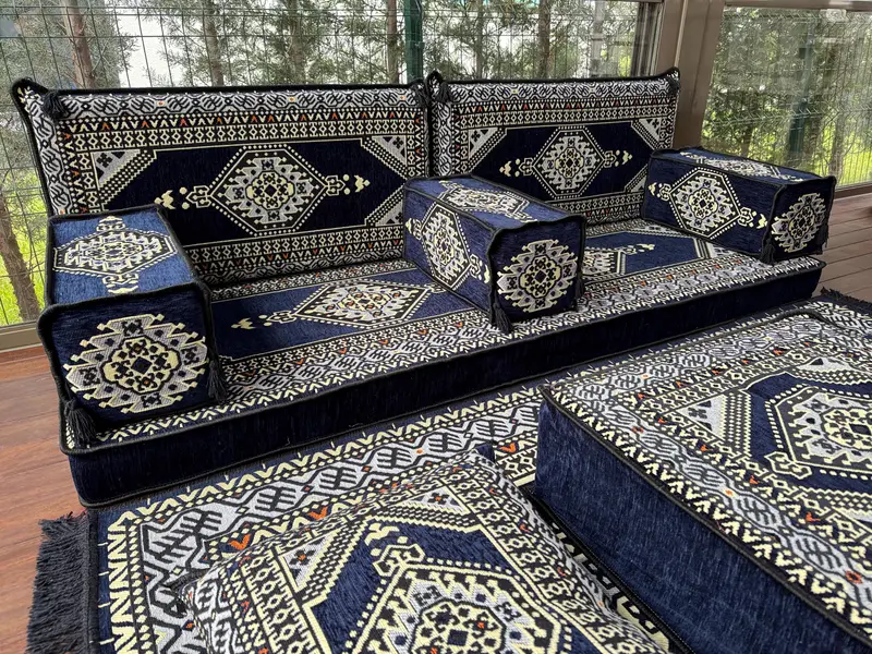 Osmanlı zemin oturma, geleneksel zemin kanepesi, u şeklinde zemin yastığı, kesit zemin oturma, Kilim desen yastığı, ev dekorasyonu, - 7