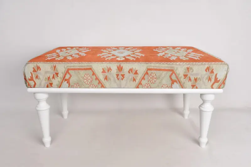 Kilim Pattern Bench,Orange Bench, Ottoman Bench, Upholstered Bench, Turkish Rug Bench, Kilim Bench, Home Decor Bench, Handmade Bench - 3