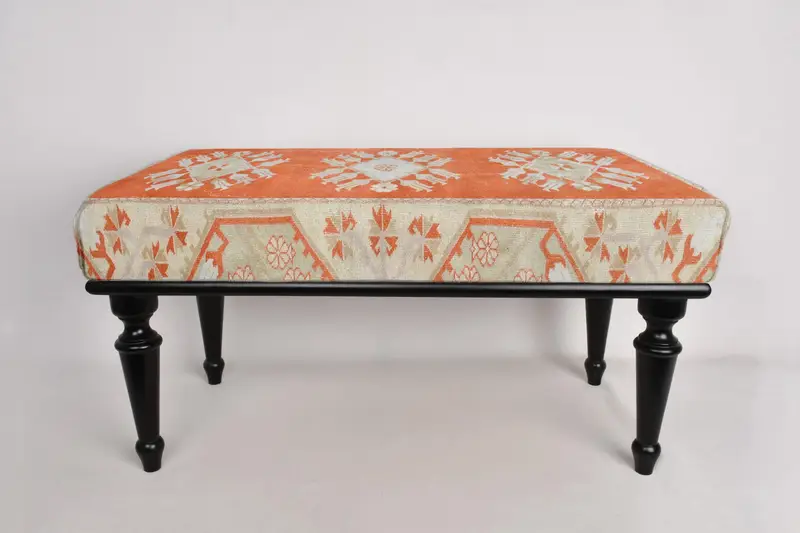 Kilim Pattern Bench,Orange Bench, Ottoman Bench, Upholstered Bench, Turkish Rug Bench, Kilim Bench, Home Decor Bench, Handmade Bench - 2