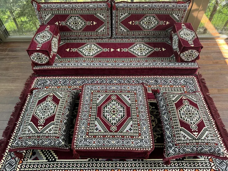 U şeklindeki zemin yastık seti, Türk zemin kanepe seti, etnik ev dekor oturma alanı, el yapımı kanepe, kabile tasarım kanepesi, oryantal boho salonu seti, - 5