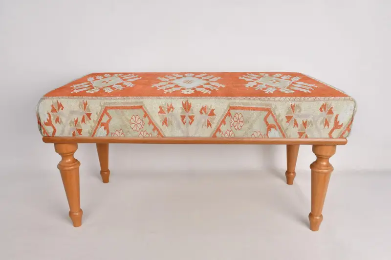 Kilim Pattern Bench,Orange Bench, Ottoman Bench, Upholstered Bench, Turkish Rug Bench, Kilim Bench, Home Decor Bench, Handmade Bench - 4