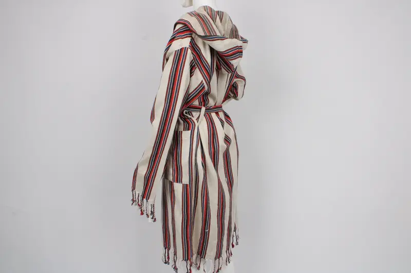 Unisex Bathrobe, Turkish Robe, Personalized Bathrobe, Organic Housecoat, Chic Beach Cloths, Red Striped Design Robe, Morning Gown - 2