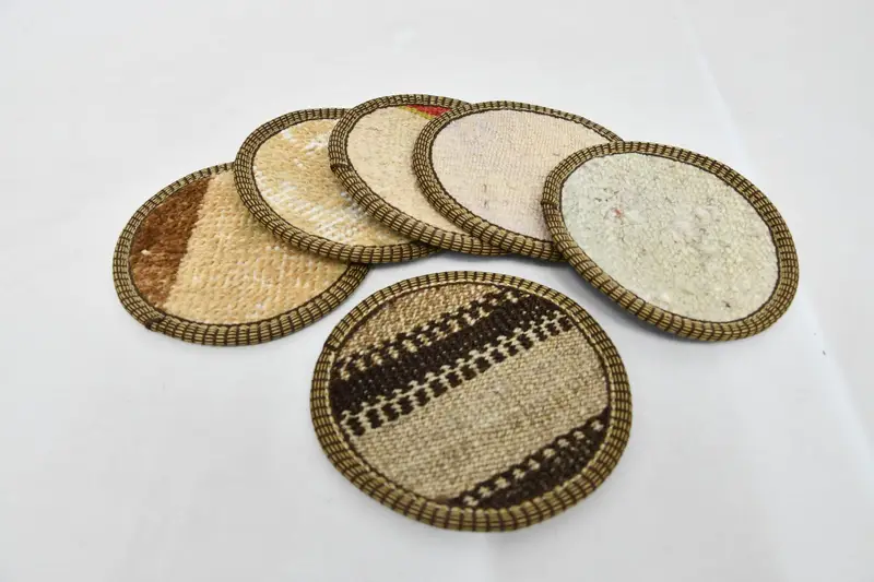 Yuvarlak coaster, çay pedi, içecek coaster, bej ped, çizgili ped, dokuma coaster, Türk halı pedi, toptan ped, kabile pedi, - 2