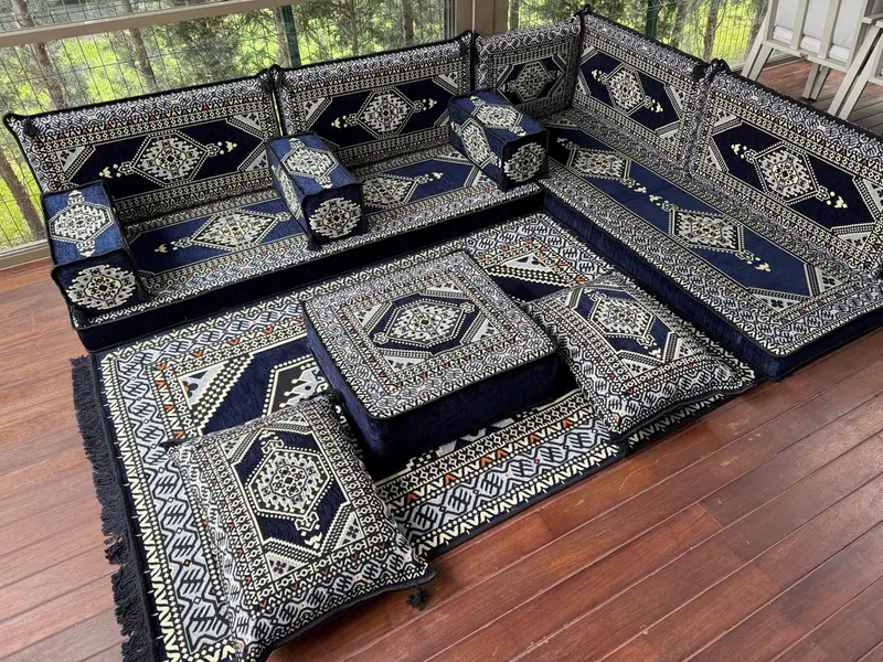 Osmanlı zemin oturma, geleneksel zemin kanepesi, u şeklinde zemin yastığı, kesit zemin oturma, Kilim desen yastığı, ev dekorasyonu, - 5