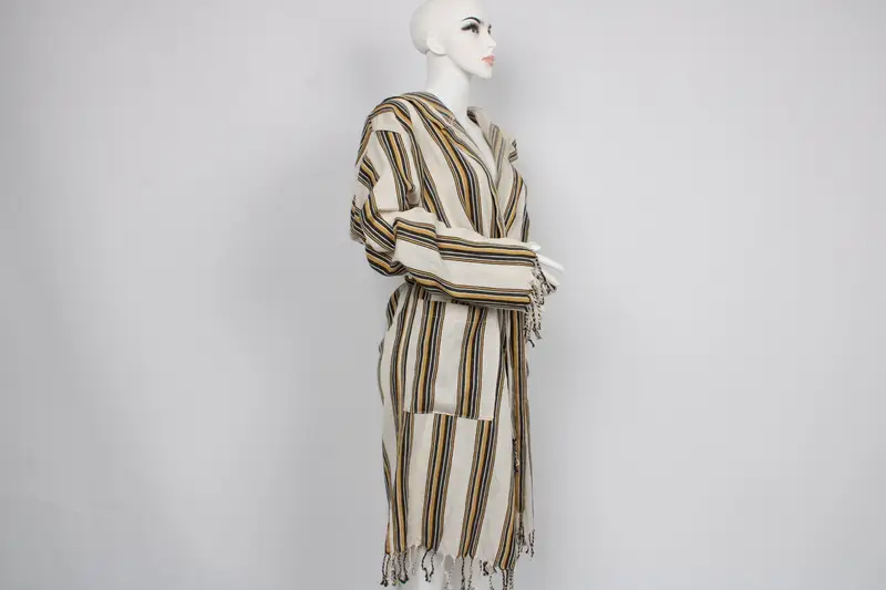 Turkish Robe, Housecoat, Kimono, Wedding Gift Robe, Organic Beach Wear, Unisex Bathrobe, Mustard Striped Robe, Morning Gown, Hammam Dress - 3