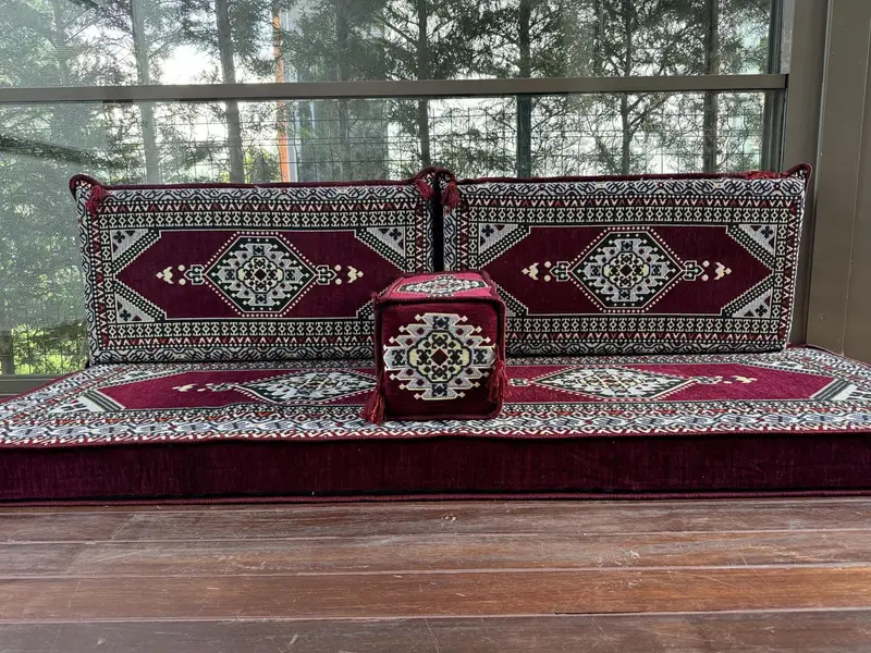 U şeklindeki zemin yastık seti, Türk zemin kanepe seti, etnik ev dekor oturma alanı, el yapımı kanepe, kabile tasarım kanepesi, oryantal boho salonu seti, - 4