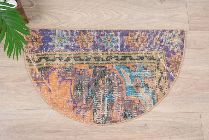 El yapımı yarım yuvarlak Kilim paspas, yarım daire içi vintage halı, çevre dostu giriş yolu paspası, Türk Banyo Boho Küçük Uzay Zemin Dekor Aksanı - 9