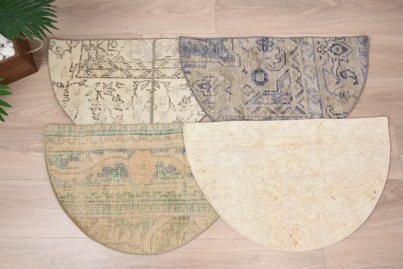 El yapımı yarım yuvarlak Kilim paspas, yarım daire biçimli vintage halı, çevre dostu giriş yolu dekor, Türk banyo paspası, küçük alan vurgu parçası - 1