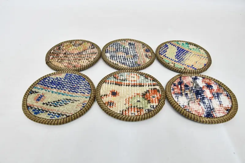 Altı set, yuvarlak coaster, çay ped, bej ped, halı pedi, geleneksel coaster, vintage coaster, benzersiz coaster, hediye coaster, - 5
