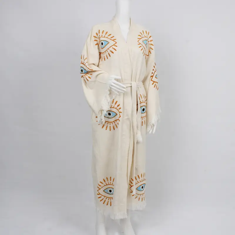 Custom Beach Wear, Muslin Kimono, Evil Eye Design Robe, Luxury Gift Housecoat, Spa Kimono