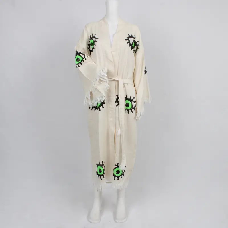 Wedding Gift Kimono, Personalized Muslin Bathrobe, Evil Eye Patterned Morning Gown, Soft Beach Wear