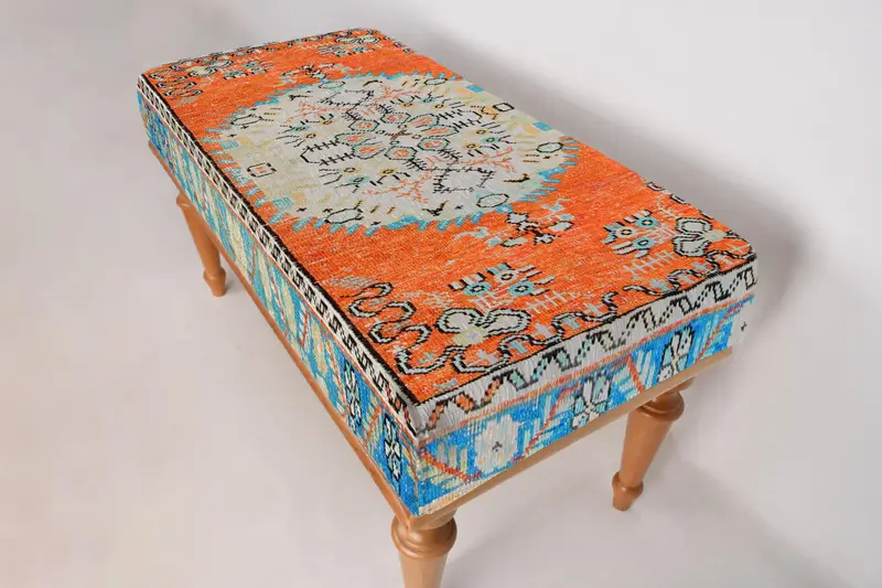 Antique Desing Bench, Bohemian Bench, Ottoman Bench, Upholstered Bench, Turkish Rug Bench, Kilim Bench, Home Decor Bench, Handmade Bench - 6