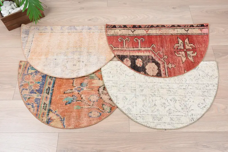 Handmade Vintage Kilim Doormat, Semicircular Half Round Rug, Eco-Friendly Entryway Mat, Turkish Boho Bathroom Rug, Small Space Accent Decor - 1