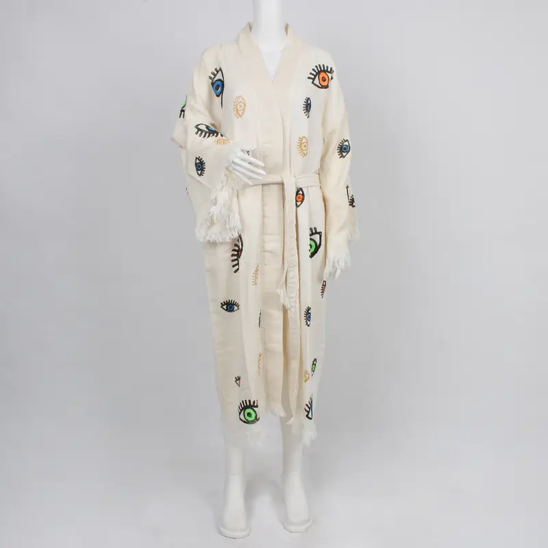 Muslin Housecoat, Personalized Kimono, Wedding Gift Kimono, Evil Eye Design Bathrobe, Morning Dressing Gown