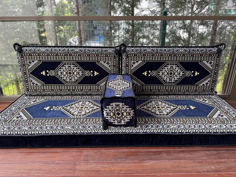 Osmanlı zemin oturma, geleneksel zemin kanepesi, u şeklinde zemin yastığı, kesit zemin oturma, Kilim desen yastığı, ev dekorasyonu, - 8