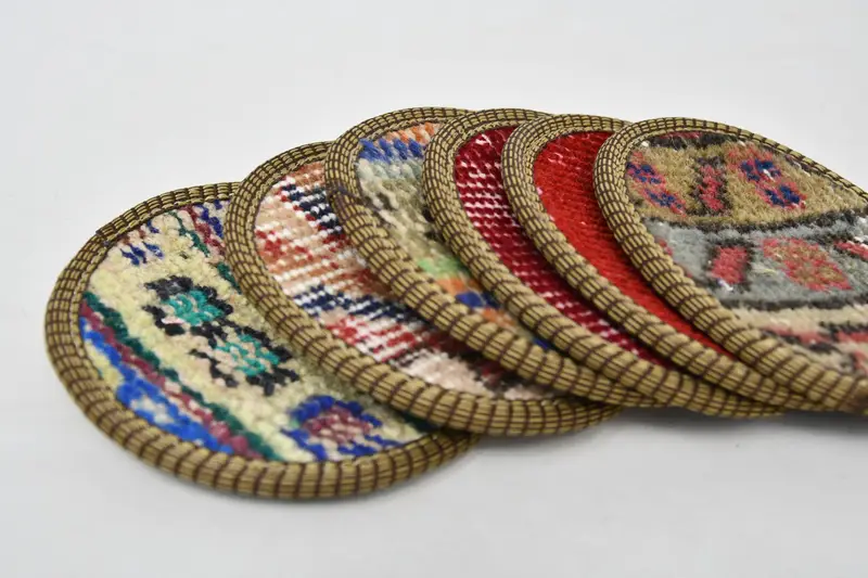 Altı set, bira coaster, Kilim Coaster, kırmızı ped, halı pedi, vintage ped, Türk halı pedi, antika halı coaster, benzersiz coaster, - 4
