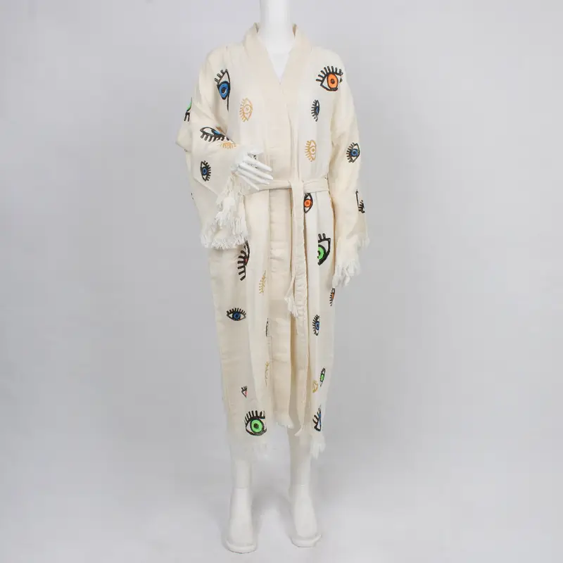 Custom Wedding Gift, Personalized Muslin Kimono, Evil Eye Design Bathrobe, Muslin Dressing Gown, Rb-Kmn - 1