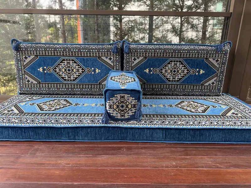 Mavi Osmanlı Zemin Oturma, Türk geleneksel kanepe, U şeklindeki zemin yastığı, Türk kanepe, zemin oturma, Kilim yastığı, eve taşınma hediyesi, - 4
