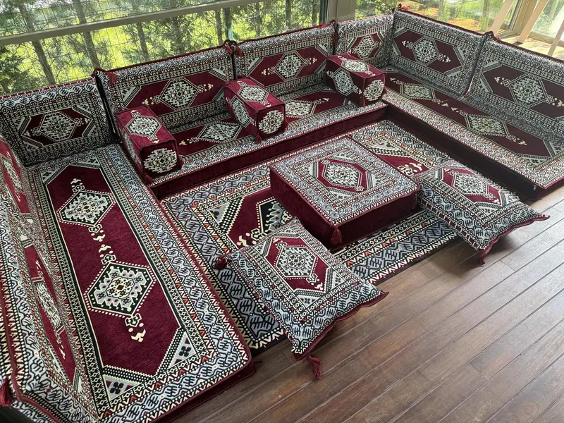 U şeklindeki zemin yastık seti, Türk zemin kanepe seti, etnik ev dekor oturma alanı, el yapımı kanepe, kabile tasarım kanepesi, oryantal boho salonu seti, - 2