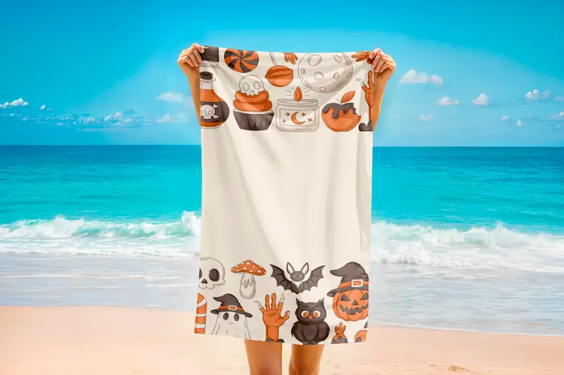 Halloween Printed Towel, Cute Spooky Pattern Beach Towel, Pumpkin Ghost Owl Design, Fun Fall Holiday Gift, Happy Halloween Gift,