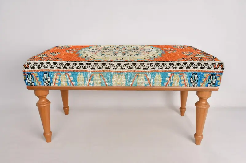 Antique Desing Bench, Bohemian Bench, Ottoman Bench, Upholstered Bench, Turkish Rug Bench, Kilim Bench, Home Decor Bench, Handmade Bench - 5