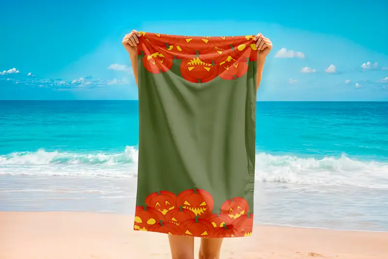Printed Golf Towel, Pumpkin Pattern Halloween Printed Towel, Green and Orange Beach Towel, Jack O’Lantern Design, Fun Fall Holiday Gift