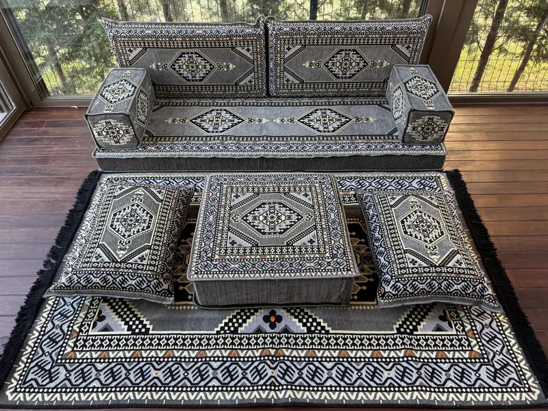 Gri kanepe, osmanlı zemin oturma, geleneksel kanepe, zemin yastığı, kesit zemin oturma, Kilim desen yastığı, ev dekoru, kanepe dekoru, - 5