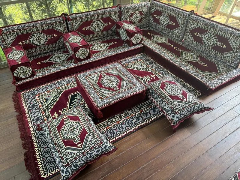 U şeklindeki zemin yastık seti, Türk zemin kanepe seti, etnik ev dekor oturma alanı, el yapımı kanepe, kabile tasarım kanepesi, oryantal boho salonu seti, - 3